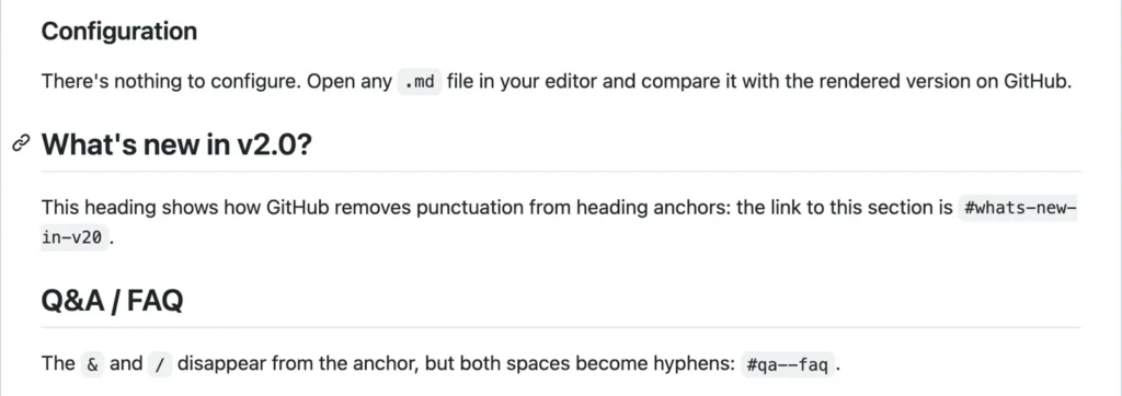A README on github.com with the mouse over the heading What's new in v2.0?, showing GitHub's link icon to the left of the heading