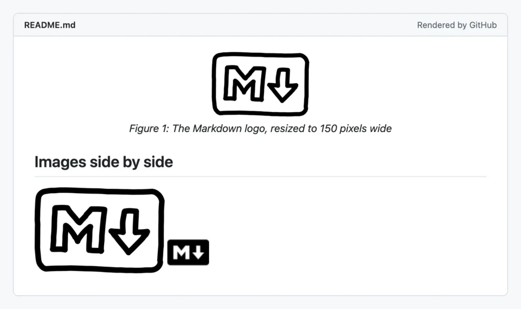 A README rendered by GitHub with the Markdown logo centered and resized to 150 pixels, an italic caption below it, and two images side by side under the heading Images side by side